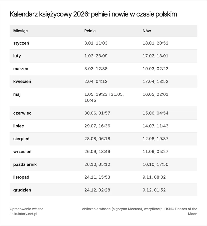 Kalendarz księżycowy 2026: tabela dwunastu miesięcy z datą i godziną pełni oraz nowiu w czasie polskim