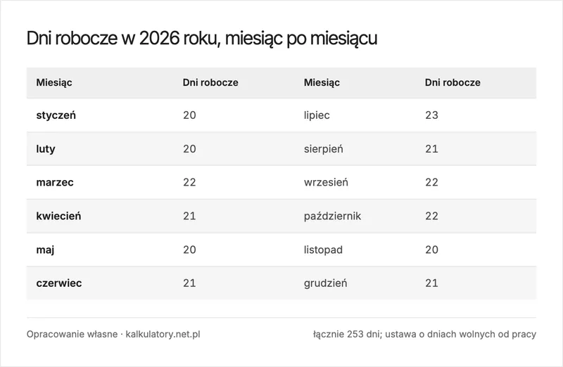 Infografika: dni robocze 2026 w podziale na miesiące, łącznie 253